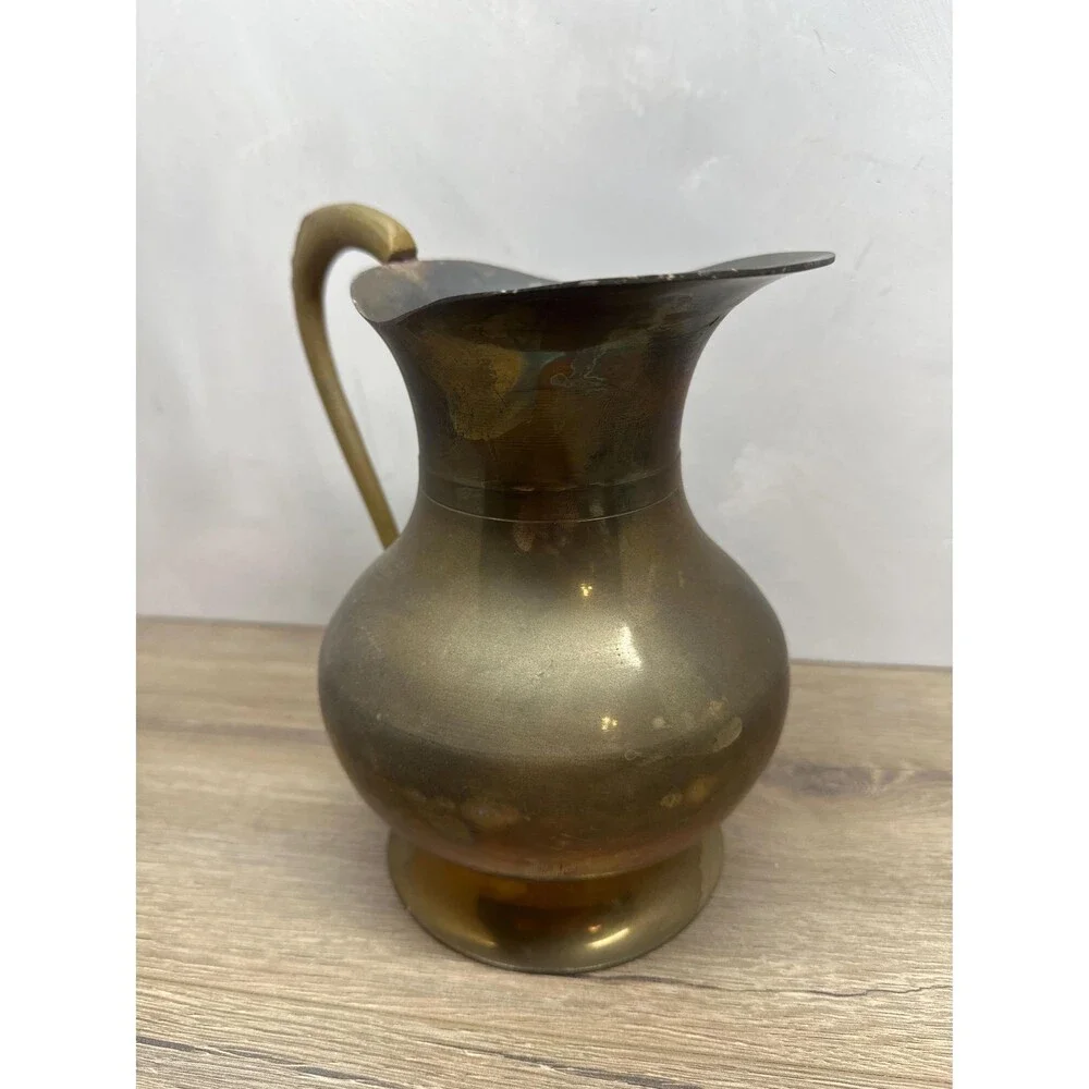 Vintage Aged Solid Brass Pitcher Cast Handle Patina Rustic Decor Vase
